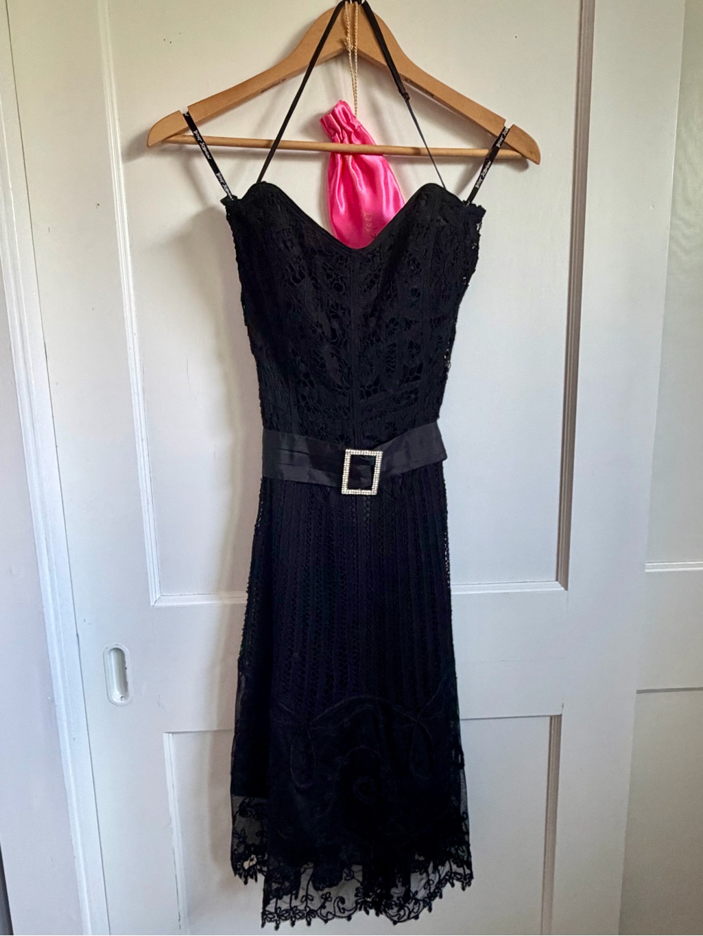 Betsey Johnson Vintage Black Lace Strapless Dress With Rhinestone Buckle - 2
